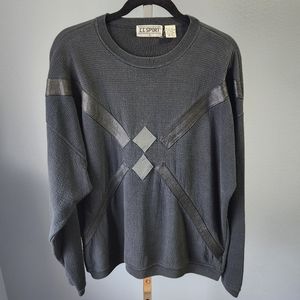 Vintage 90s Black Leather Applique Crew Neck Knit Sweatshirt Sweater Men's Large